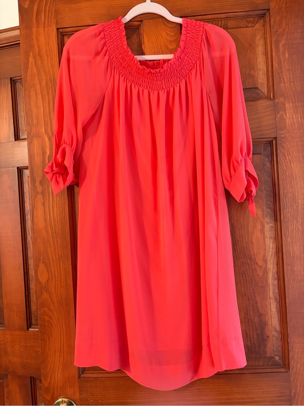 New York & Company Coral-Pink Smocked Neck Puff Sleeve Dress